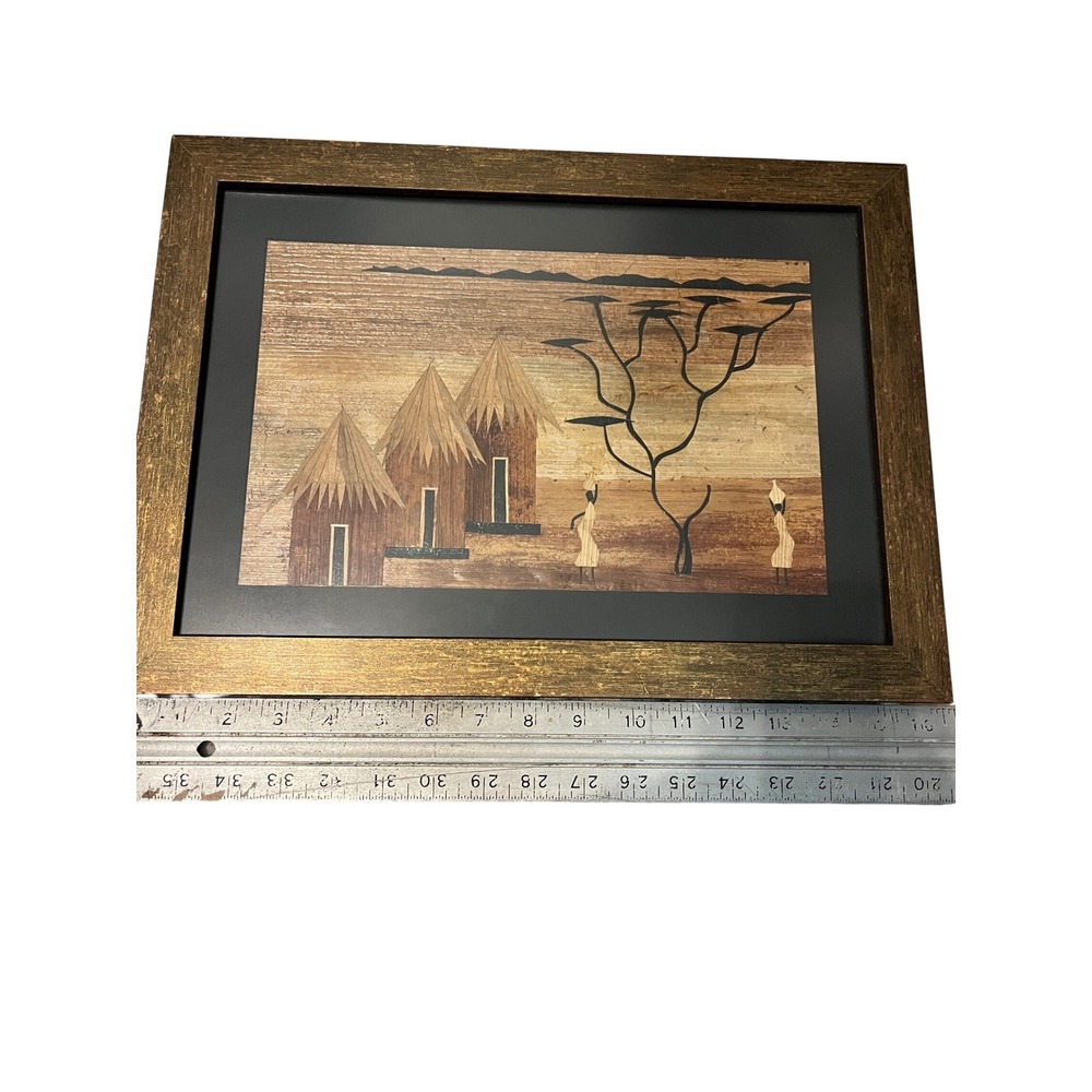 African Banana Leaf Art Village Huts Scene Framed Folk Art Wall Decor 16x12.5